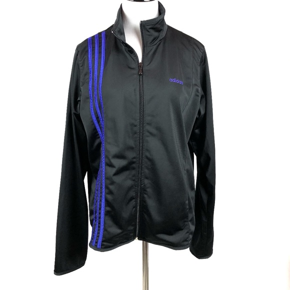 black adidas jacket with purple stripes